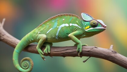 Un camaleón verde con ojos grandes y una cola larga posado en una rama sobre un fondo colorido y borroso