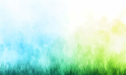 Fototapeta premium Serene watercolor landscape featuring a gradient of turquoise, green, and yellow hues, depicting a dreamy grass field under a soft, bright sky. Ideal for backgrounds, websites, or calming visuals.