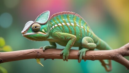 Obraz premium Un camaleón verde con ojos grandes y una cola larga posado en una rama sobre un fondo colorido y borroso