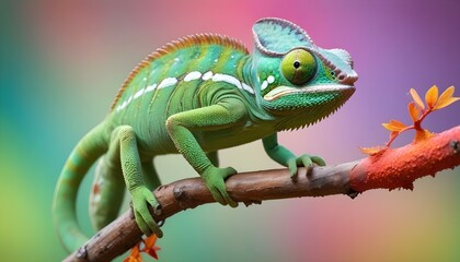 Un camaleón verde con ojos grandes y una cola larga posado en una rama sobre un fondo colorido y borroso