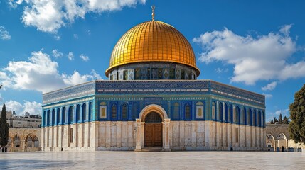 Obraz premium Majestic golden dome of a historic mosque under a clear blue sky, surrounded by ancient architecture