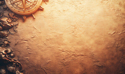 Fototapeta premium Antique compass, ornate metallic details on a textured, golden background. Perfect for adventure, exploration, or historical themes.