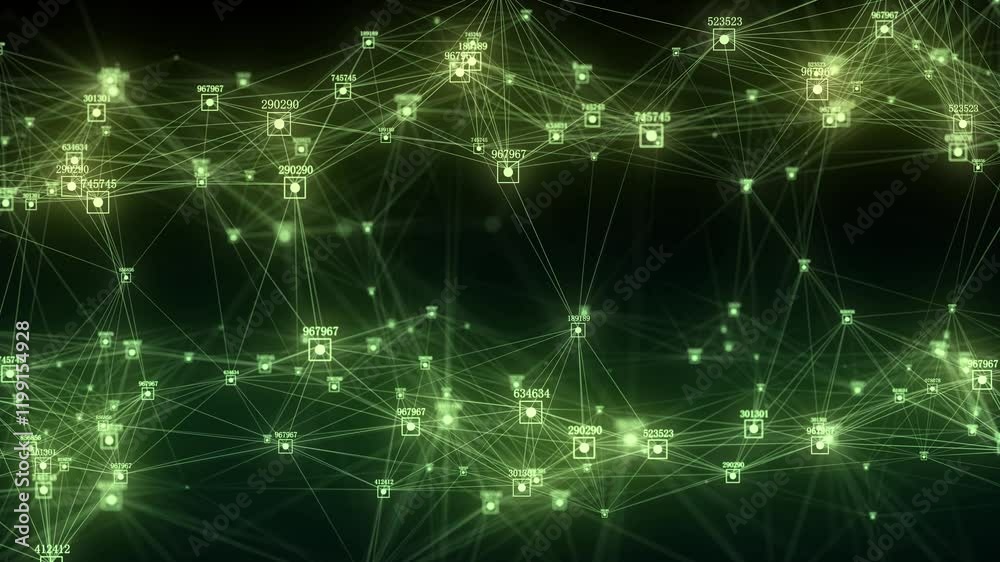Poster Business futuristic backdrop. Network connection structure cyberspace with moving particles and numbers. Big data visualization. Abstract cyber security background in database. 3D rendering.