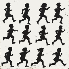 15 silhouettes of children running and playing tag