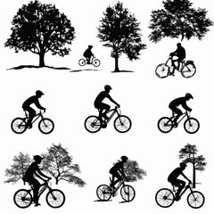 Fototapeta premium 15 silhouettes of different people cycling through a park