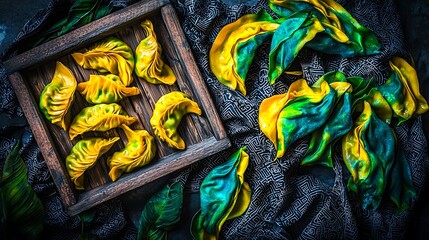A beautifully crafted wooden tray of golden dumplings placed over a fabric with intricate Chinese patterns, creating a festive ambiance