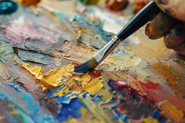 Fototapeta premium Close up of a paintbrush applying vibrant oil paints to a canvas, showcasing the artist's creative process