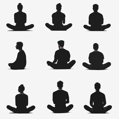 15 silhouettes of people meditating in various poses