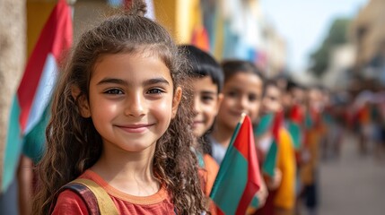 Naklejka premium A group of children holding flags, smiling in a vibrant street setting.