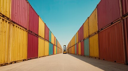 Fototapeta premium Forklift operating in colorful container yard
