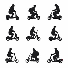 15 silhouettes of people riding scooters in various directions