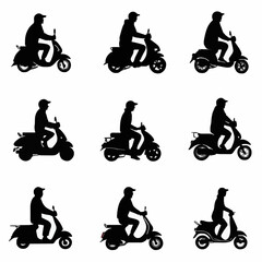 15 silhouettes of people riding scooters in various directions