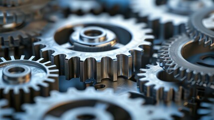 A clockwork mechanism with varying gears, spinning in sync, showcasing detailed textures, metallic surfaces, and seamless meshing motion with reflected light