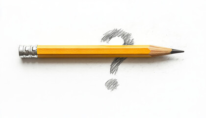 A yellow pencil lies horizontally next to a sketch of a question mark on a plain white background, inviting creative thinking and prompting viewers to ponder ideas and concepts related to art