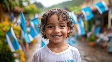 A smiling child stands in a colorful street adorned with flags, exuding joy and celebration.