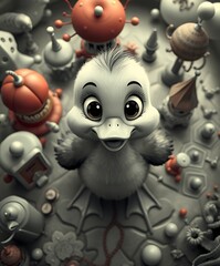 Fototapeta premium A whimsical, cartoonish duckling surrounded by colorful toys in a playful, imaginative setting.