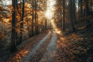 Obraz premium Golden sunlight filters through colorful autumn trees onto a quiet forest road, creating a serene and inviting atmosphere