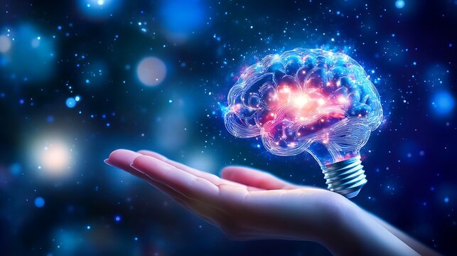 A glowing light bulb with a brain design held by a person, against a blurred creative background to highlight imaginative thinking