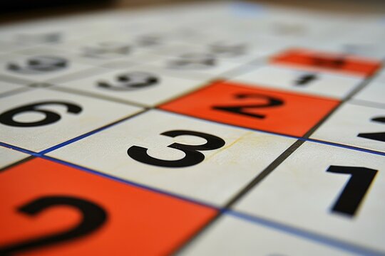 Bingo card displaying numbers in black ink on white and orange squares, creating a vibrant and playful pattern - Powered by Adobe