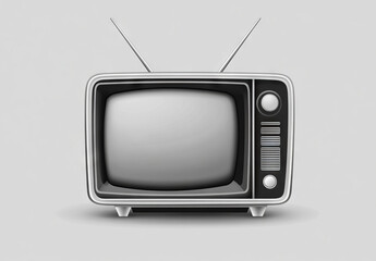 A vintage television set with a silver and black design features two antennas on top. The screen is blank, and the overall aesthetic evokes nostalgia for mid-20th century home entertainment