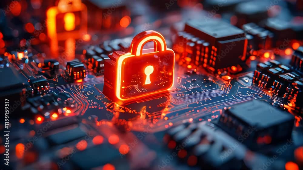 Poster three glowing padlock icons on a digital circuit board symbolizing cybersecurity and encryption