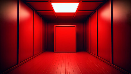 Dramatic red room interior with a large central red panel, minimalist design, intense lighting, perfect for mood boards and design inspiration.