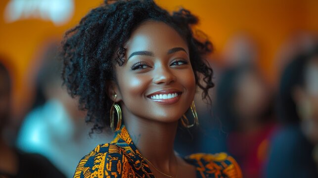 Bright smiling woman attending a vibrant seminar in cultural attire