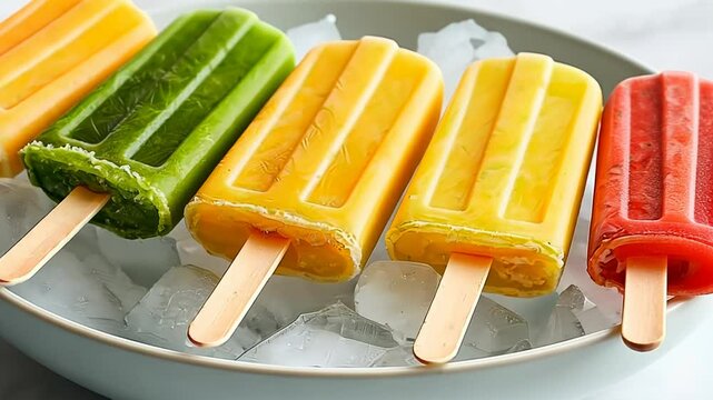 A colorful assortment of icy popsicles resting on a bed of ice