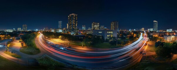 Obraz premium Vibrant night cityscape with dynamic light trails in urban downtown.