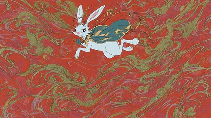 A charming white rabbit leaping through swirling gold-accented clouds against a red festive backdrop