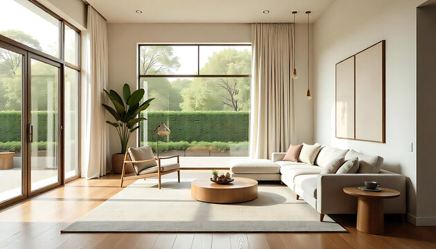 iving Room with High Ceilings, Large Windows, and Elegant Decor, Modern living room, spacious, minimalist living area, Interior design and architecture, created with generative ai
