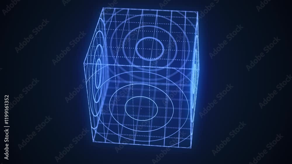 Poster Space futuristic cube. Network connection structure cyberspace with moving particles and lines. Blockchain blue cube. Big data visualization. Abstract cyber security background. 3D rendering.