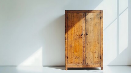 Rustic wooden wardrobe, sunlit studio, minimalist backdrop, interior design