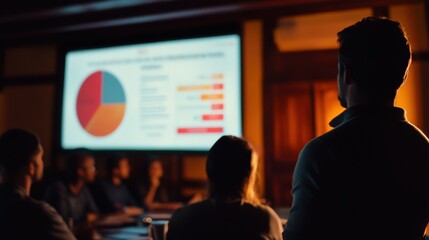 An instructor leading a workshop with a closeup of a projector screen displaying a safety infographic as participants nod and take notes in the dimly lit room.