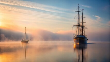Fototapeta premium A lone sailboat glides away from a docked ship in the misty dawn fog, sea, , sea,harbor, boat
