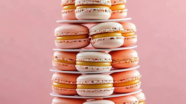 A colorful stack of macarons in pink and orange