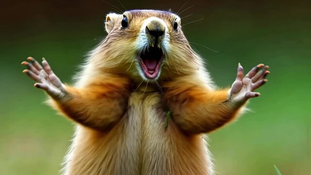 Squirrel is shown with its mouth wide open, as if it is yelling. Concept of excitement and surprise, as if the squirrel is expressing its joy or amazement at something