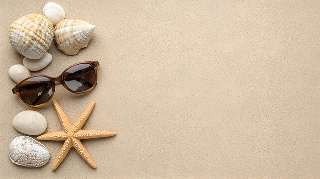 Seashells, sunglasses, and starfish on sandy beach background