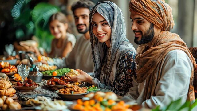 A group of men and women in traditional attire enjoying a meal together at a beautifully decorated table with an array of vibrant dishes