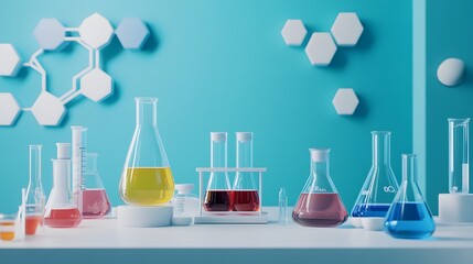Colorful liquids in laboratory glassware on a lab bench