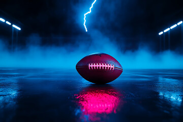 American football on wet field with neon lights and lightning.