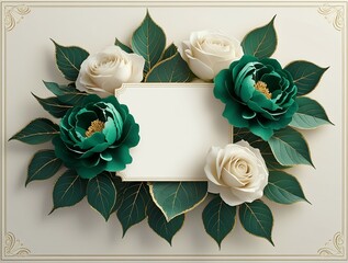 Deep emerald green florals paired with ivory roses and gold-lined leaves. 