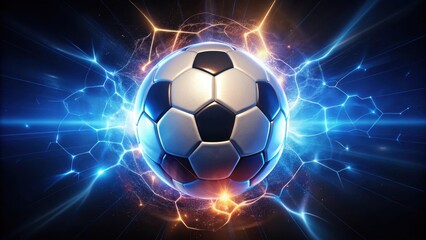 Naklejka premium A soccer ball with a mesmerizing light show emanating from its panels, creating an electric atmosphere at night, Glowing Object, Athletic Action