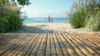  Bamboo textured foreground with blurred beach scene for eco-friendly travel blogs and tropical vacation campaigns. Copy space