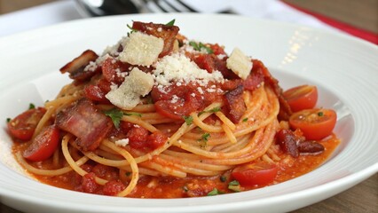 Spaghetti alla Amatriciana with pancetta bacon, tomatoes and pecorino cheese.