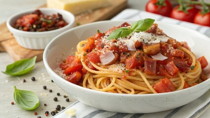 Spaghetti alla Amatriciana with pancetta bacon, tomatoes and pecorino cheese.