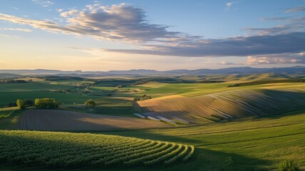 Obraz premium Stunning sunset over green rolling hills countryside landscape photography serene environment aerial view nature beauty