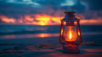  Vintage lantern glowing on a sandy beach at sunset for tranquil coastal evening themes. Copy space