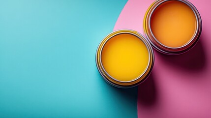 Two open yellow paint cans on pink and blue background.