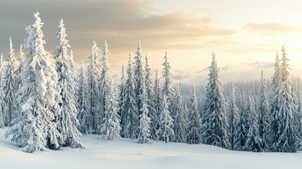 Snowy pine forest landscape at sunrise